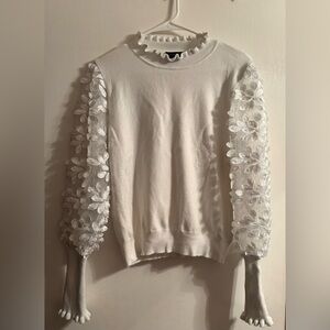 Gracia White Sweater with Ruffles and Beautiful Embroidered Sleeves